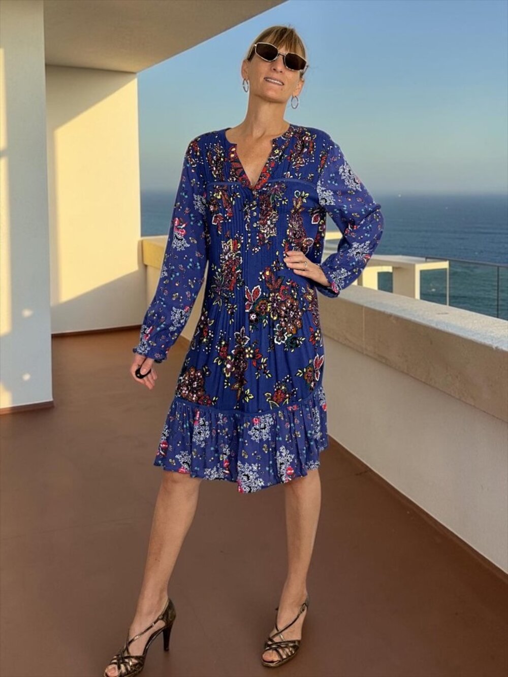 Anthropologie Diana Pintucked Tunic Dress S Blue Floral Mini Long Sleeve